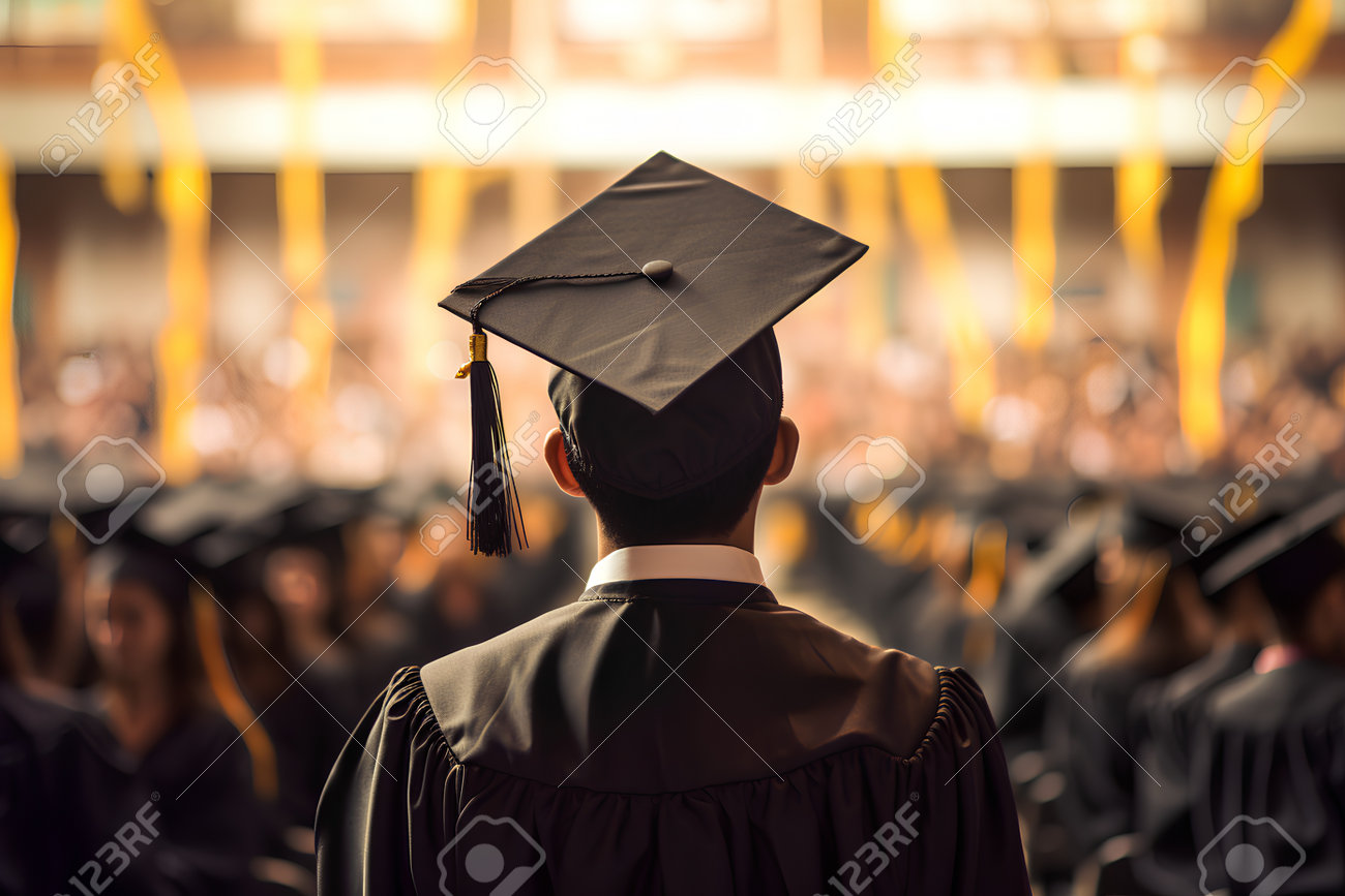 212416234 back view of a male graduate in cap and gown with blurred background